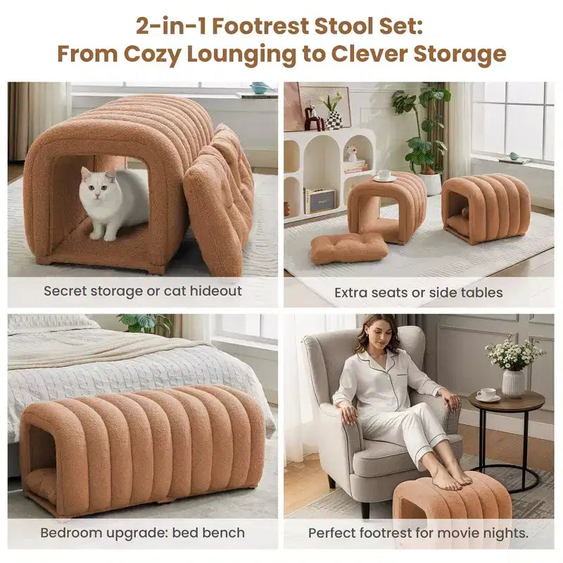 Hyleory Tabouret repose-pieds facilement connectable, adapté aux animaux de compagnie - Banc de lit et tunnel de jeu 2 en 1 avec 2 coussins amovibles