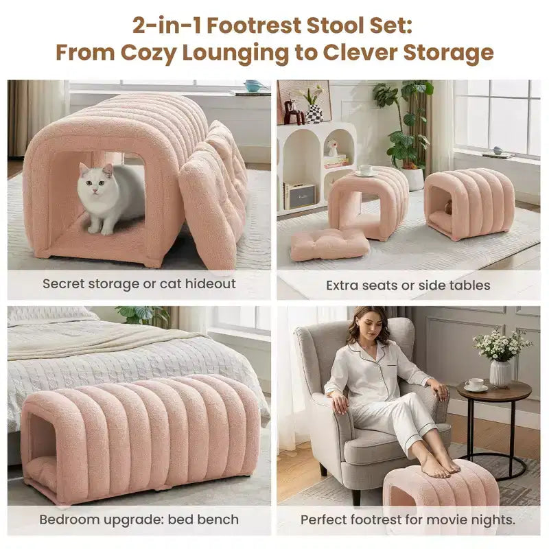 Hyleory Tabouret repose-pieds facilement connectable, adapté aux animaux de compagnie - Banc de lit et tunnel de jeu 2 en 1 avec 2 coussins amovibles