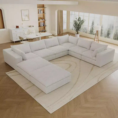 157,6 Canapé d'angle en velours côtelé blanc en forme de U avec 2 poufs, design double couche, coussin amovible, aucun assemblage requis