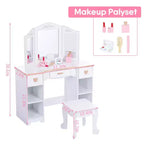 Coiffeuse pour enfants GustoWave avec miroir et tiroir - Ensemble coiffeuse et chaise pour filles avec jouets de maquillage en bois, parfait pour les 3-9 ans, blanc