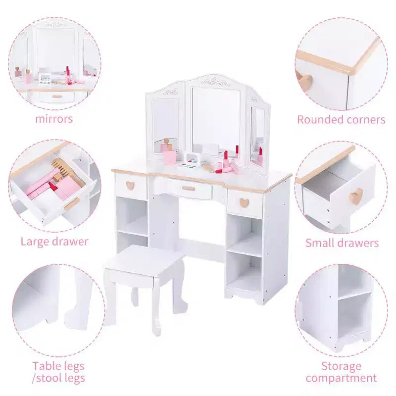 Coiffeuse pour enfants GustoWave avec miroir et tiroir - Ensemble coiffeuse et chaise pour filles avec jouets de maquillage en bois, parfait pour les 3-9 ans, blanc