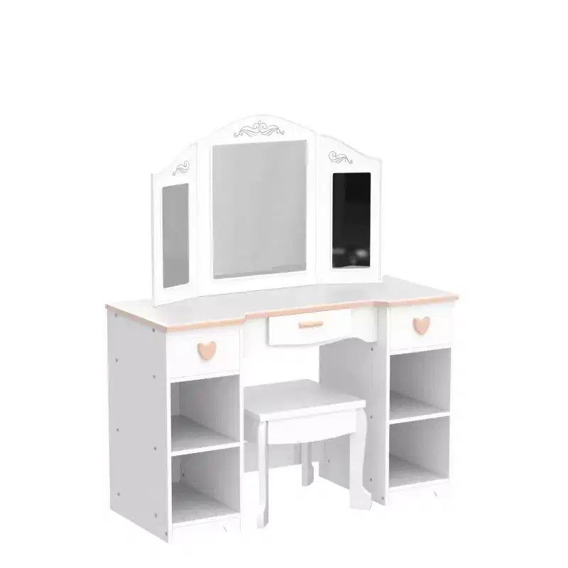 Coiffeuse pour enfants GustoWave avec miroir et tiroir - Ensemble coiffeuse et chaise pour filles avec jouets de maquillage en bois, parfait pour les 3-9 ans, blanc