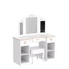 Coiffeuse pour enfants GustoWave avec miroir et tiroir - Ensemble coiffeuse et chaise pour filles avec jouets de maquillage en bois, parfait pour les 3-9 ans, blanc