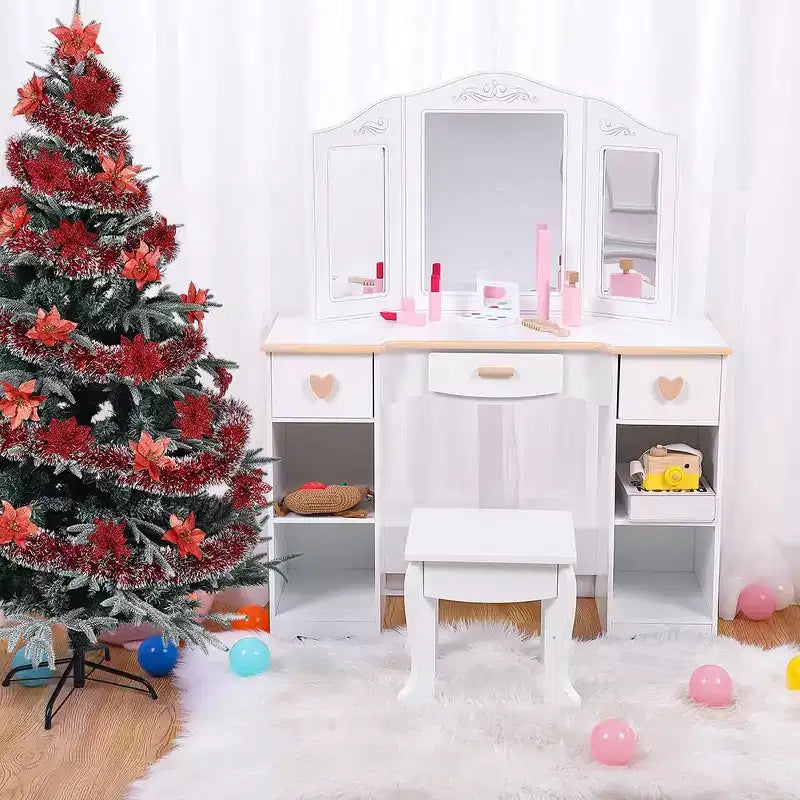Coiffeuse pour enfants GustoWave avec miroir et tiroir - Ensemble coiffeuse et chaise pour filles avec jouets de maquillage en bois, parfait pour les 3-9 ans, blanc