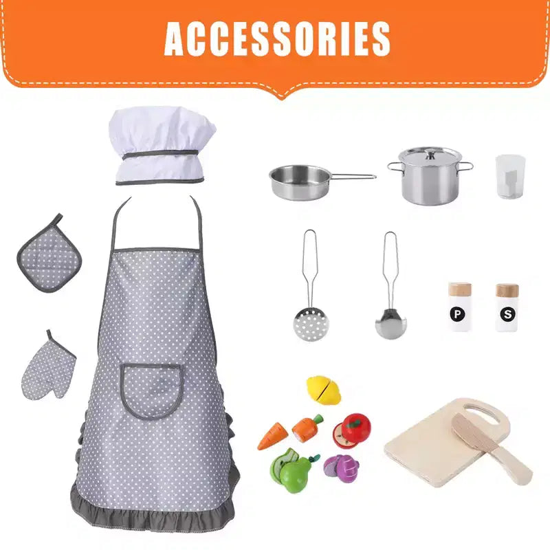 Cuisine de jeu pour enfants, ensemble de jeu de simulation de chef en bois avec 20 accessoires de cuisine, ensemble de cuisine de simulation en bois