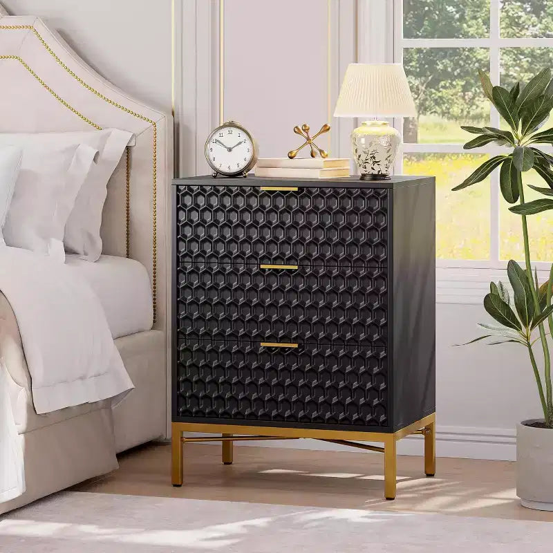 Commode noire pour chambre, Table de chevet moderne à 3 tiroirs, Table d'appoint de canapé pour chambre à coucher, dortoir, petits espaces
