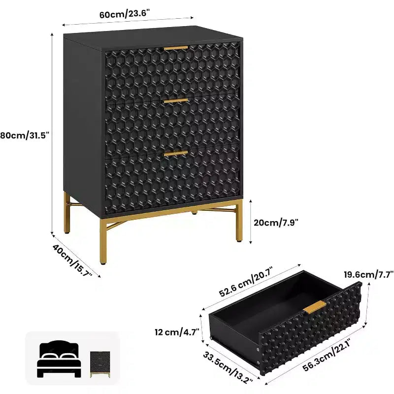 Commode noire pour chambre, Table de chevet moderne à 3 tiroirs, Table d'appoint de canapé pour chambre à coucher, dortoir, petits espaces