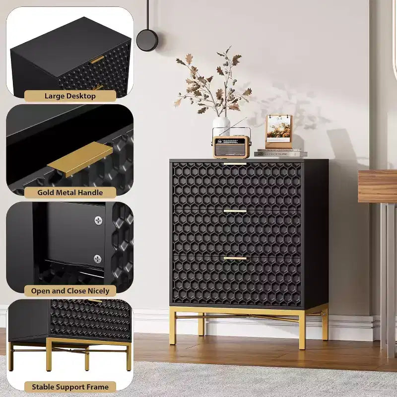 Commode noire pour chambre, Table de chevet moderne à 3 tiroirs, Table d'appoint de canapé pour chambre à coucher, dortoir, petits espaces