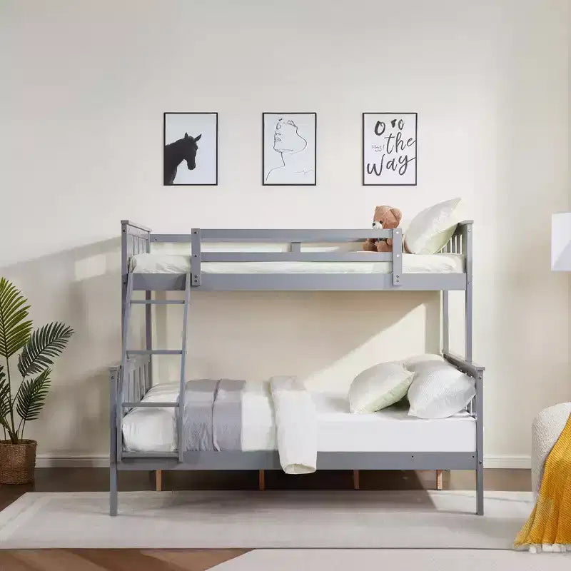 Lit superposé jumeau sur grand lit avec échelle Cadre en bois avec garde-corps hauts pour enfants Aucun sommier tapissier requis Robuste et peu encombrant Gris