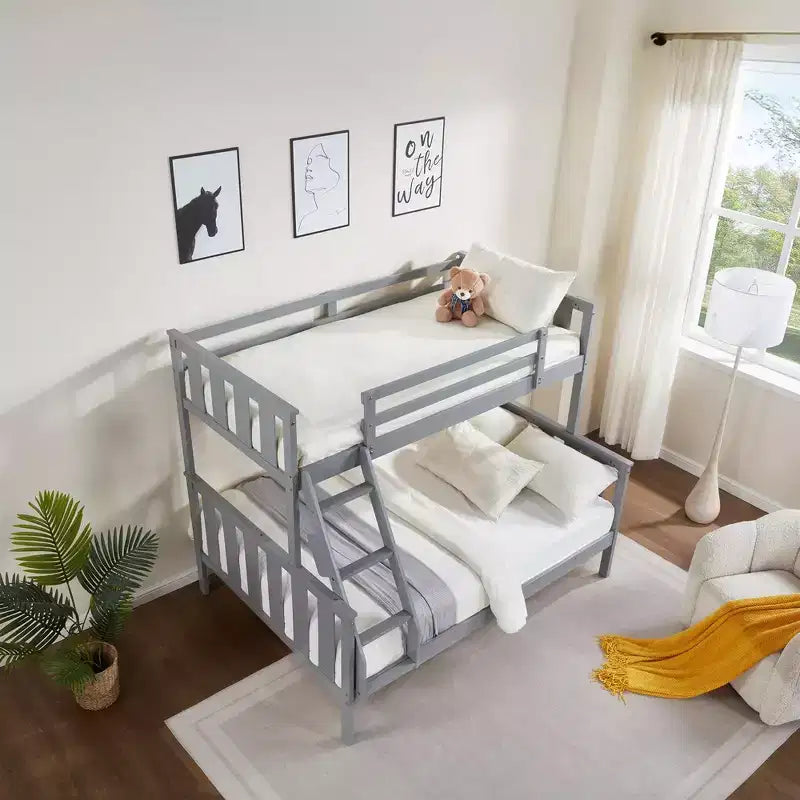 Lit superposé jumeau sur grand lit avec échelle Cadre en bois avec garde-corps hauts pour enfants Aucun sommier tapissier requis Robuste et peu encombrant Gris