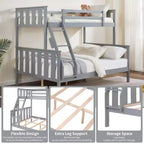 Lit superposé jumeau sur grand lit avec échelle Cadre en bois avec garde-corps hauts pour enfants Aucun sommier tapissier requis Robuste et peu encombrant Gris