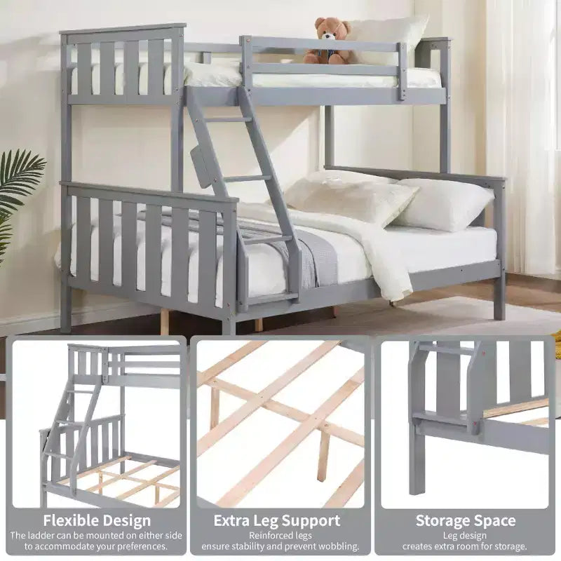 Lit superposé jumeau sur grand lit avec échelle Cadre en bois avec garde-corps hauts pour enfants Aucun sommier tapissier requis Robuste et peu encombrant Gris