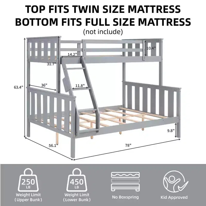 Lit superposé jumeau sur grand lit avec échelle Cadre en bois avec garde-corps hauts pour enfants Aucun sommier tapissier requis Robuste et peu encombrant Gris