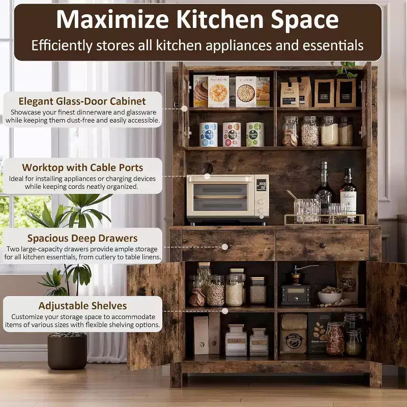 Meuble de cuisine autoportant avec tiroirs et huche, étagères réglables et support pour micro-ondes, unité de rangement de 63 pouces de hauteur pour salles à manger