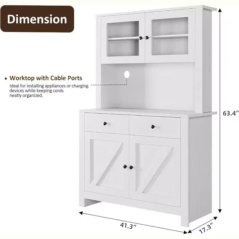 Meuble de cuisine autoportant avec tiroirs et huche, étagères réglables et support pour micro-ondes, unité de rangement de 63 pouces de hauteur pour salles à manger