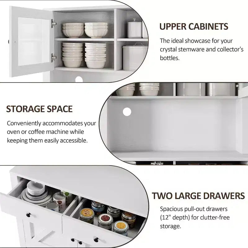 Meuble de cuisine autoportant avec tiroirs et huche, étagères réglables et support pour micro-ondes, unité de rangement de 63 pouces de hauteur pour salles à manger