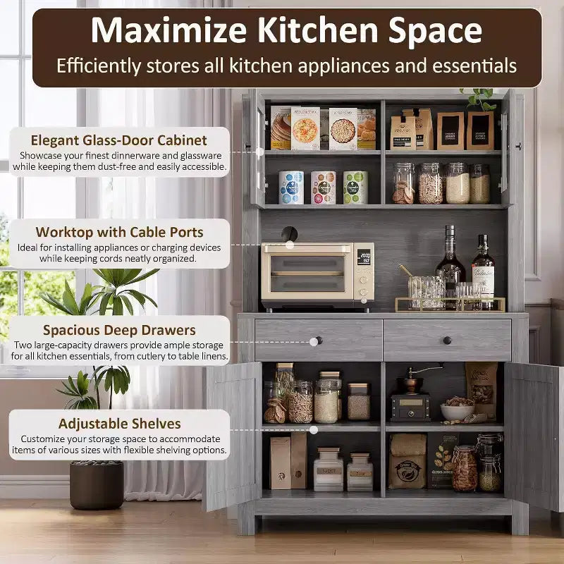 Meuble de cuisine autoportant avec tiroirs et huche, étagères réglables et support pour micro-ondes, unité de rangement de 63 pouces de hauteur pour salles à manger