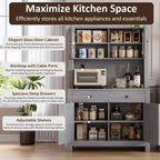 Meuble de cuisine autoportant avec tiroirs et huche, étagères réglables et support pour micro-ondes, unité de rangement de 63 pouces de hauteur pour salles à manger