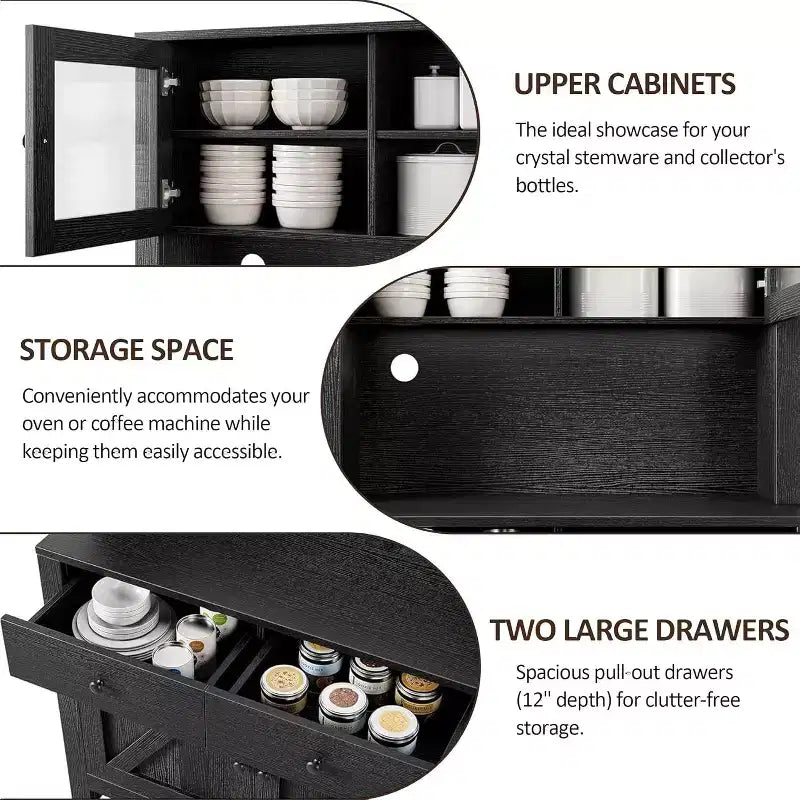 Meuble de cuisine autoportant avec tiroirs et huche, étagères réglables et support pour micro-ondes, unité de rangement de 63 pouces de hauteur pour salles à manger