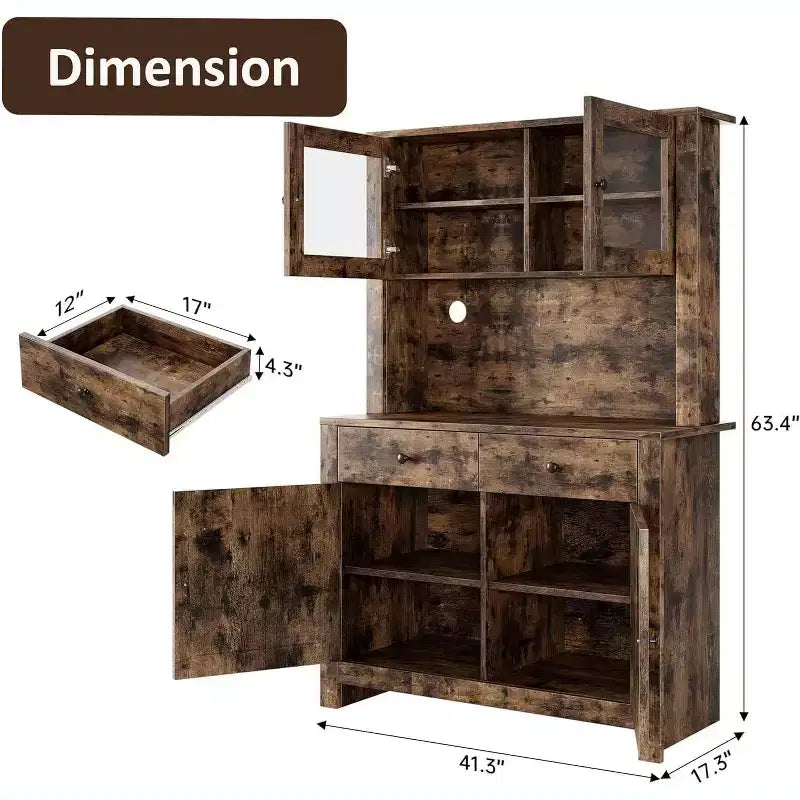 Meuble de cuisine autoportant avec tiroirs et huche, étagères réglables et support pour micro-ondes, unité de rangement de 63 pouces de hauteur pour salles à manger