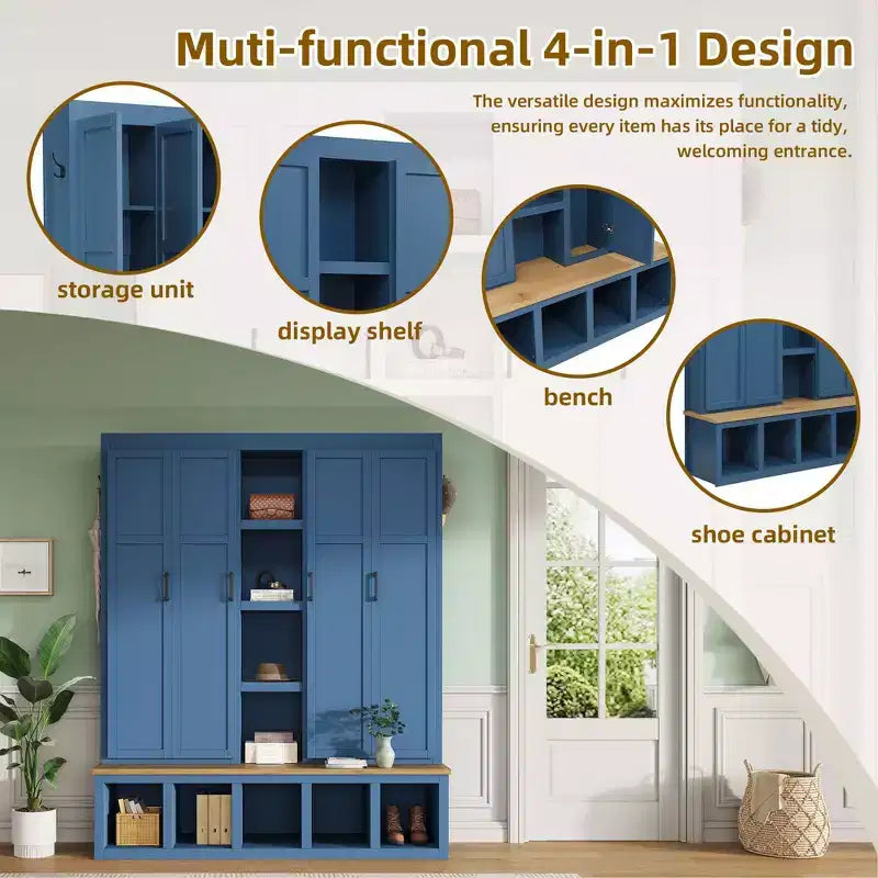 Porte-manteau 4-en-1 "Blue Farmhouse" avec 6 patères, banc de vestibule imitation bois avec compartiments ouverts