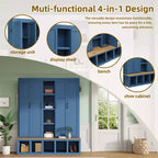 Porte-manteau 4-en-1 "Blue Farmhouse" avec 6 patères, banc de vestibule imitation bois avec compartiments ouverts