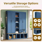 Porte-manteau 4-en-1 "Blue Farmhouse" avec 6 patères, banc de vestibule imitation bois avec compartiments ouverts