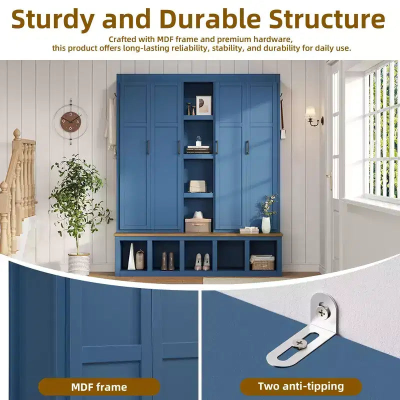 Porte-manteau 4-en-1 "Blue Farmhouse" avec 6 patères, banc de vestibule imitation bois avec compartiments ouverts