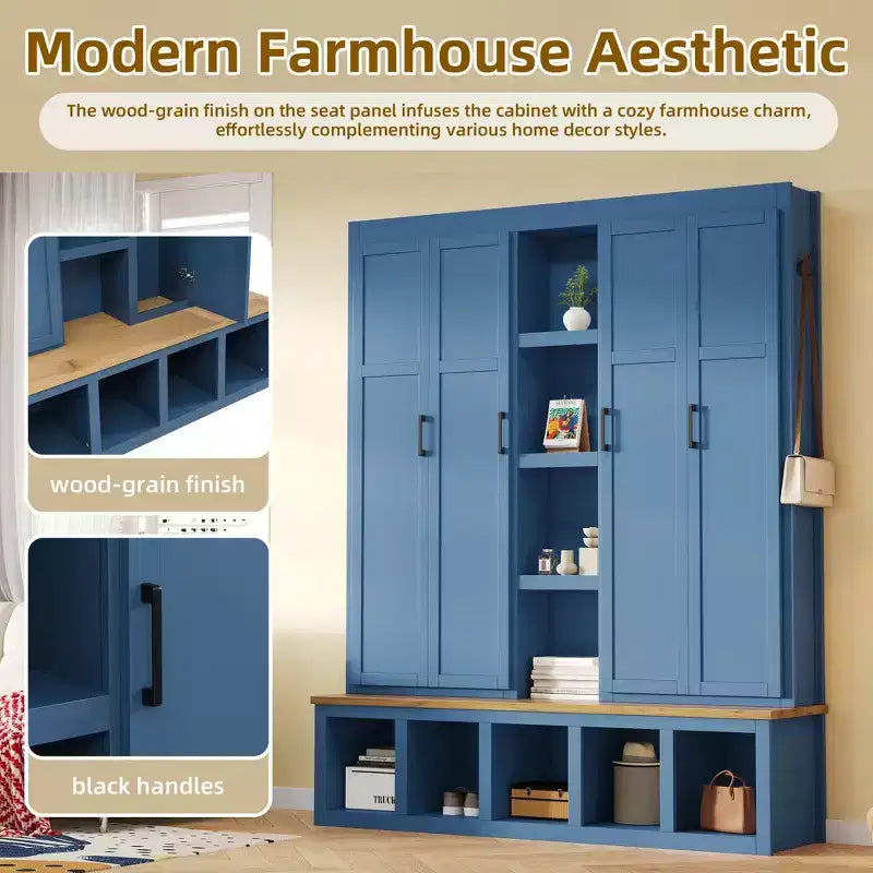 Porte-manteau 4-en-1 "Blue Farmhouse" avec 6 patères, banc de vestibule imitation bois avec compartiments ouverts