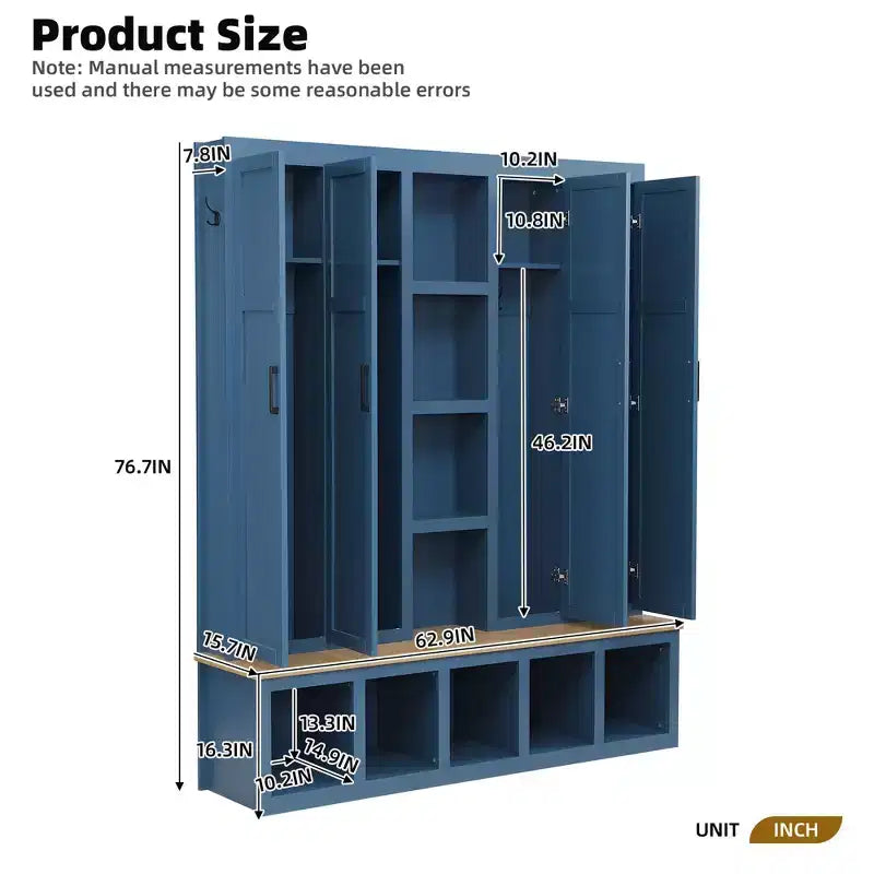 Porte-manteau 4-en-1 "Blue Farmhouse" avec 6 patères, banc de vestibule imitation bois avec compartiments ouverts