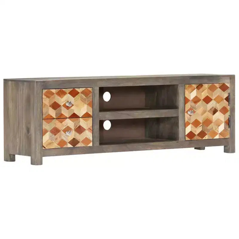 vidaXL Meuble TV/Meuble de télévision en bois de manguier massif avec deux tiroirs et une porte, design Mid-Century, gris et marron, 47,2 x 11,8 x 15,7