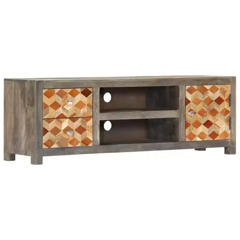 vidaXL Meuble TV/Meuble de télévision en bois de manguier massif avec deux tiroirs et une porte, design Mid-Century, gris et marron, 47,2 x 11,8 x 15,7