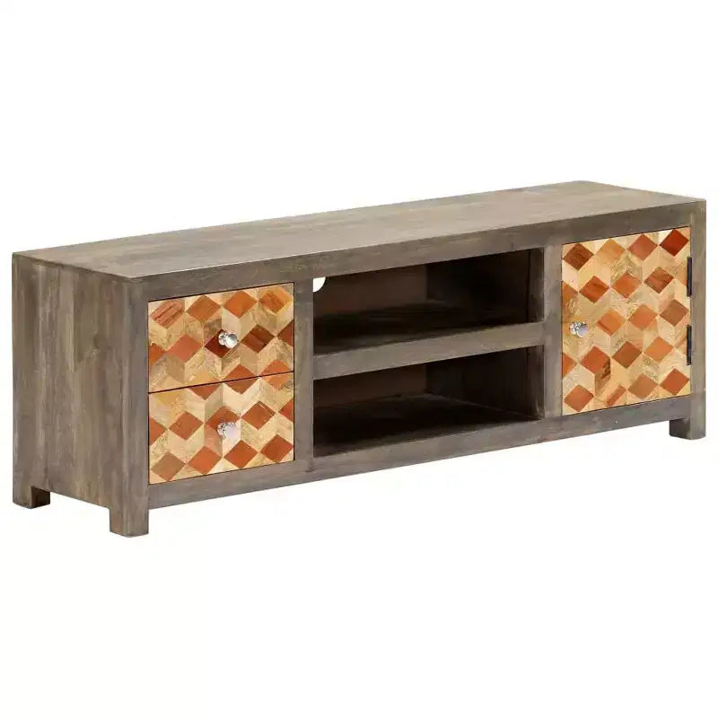 vidaXL Meuble TV/Meuble de télévision en bois de manguier massif avec deux tiroirs et une porte, design Mid-Century, gris et marron, 47,2 x 11,8 x 15,7