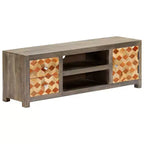 vidaXL Meuble TV/Meuble de télévision en bois de manguier massif avec deux tiroirs et une porte, design Mid-Century, gris et marron, 47,2 x 11,8 x 15,7