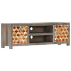 vidaXL Meuble TV/Meuble de télévision en bois de manguier massif avec deux tiroirs et une porte, design Mid-Century, gris et marron, 47,2 x 11,8 x 15,7