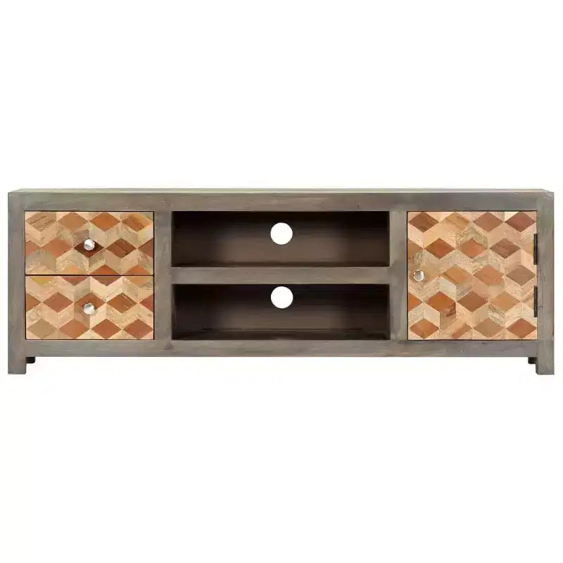 vidaXL Meuble TV/Meuble de télévision en bois de manguier massif avec deux tiroirs et une porte, design Mid-Century, gris et marron, 47,2 x 11,8 x 15,7