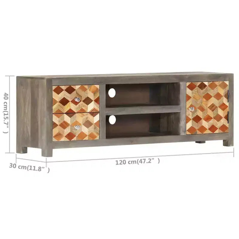 vidaXL Meuble TV/Meuble de télévision en bois de manguier massif avec deux tiroirs et une porte, design Mid-Century, gris et marron, 47,2 x 11,8 x 15,7
