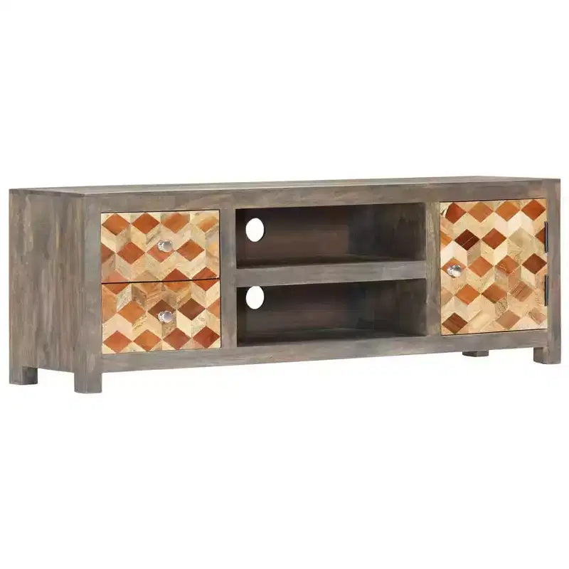 vidaXL Meuble TV/Meuble de télévision en bois de manguier massif avec deux tiroirs et une porte, design Mid-Century, gris et marron, 47,2 x 11,8 x 15,7