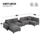Canapé d'angle modulaire en U surdimensionné de 355 cm avec pouf, console, chargeur USB, porte-gobelet, rangement, revêtement en velours côtelé, 6 places, pour salon