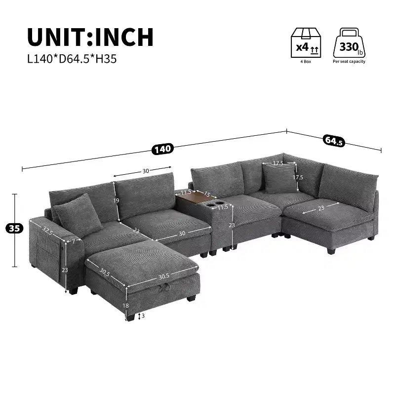 Canapé d'angle modulaire en U surdimensionné de 355 cm avec pouf, console, chargeur USB, porte-gobelet, rangement, revêtement en velours côtelé, 6 places, pour salon