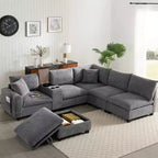 Canapé d'angle modulaire en U surdimensionné de 355 cm avec pouf, console, chargeur USB, porte-gobelet, rangement, revêtement en velours côtelé, 6 places, pour salon