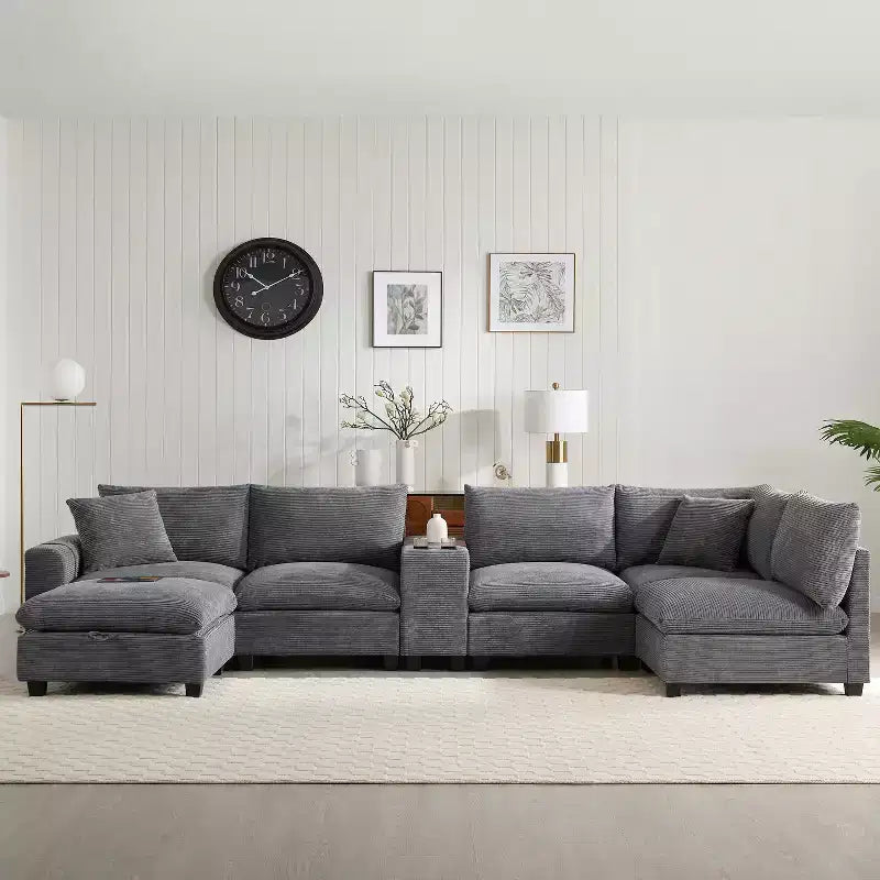 Canapé d'angle modulaire en U surdimensionné de 355 cm avec pouf, console, chargeur USB, porte-gobelet, rangement, revêtement en velours côtelé, 6 places, pour salon