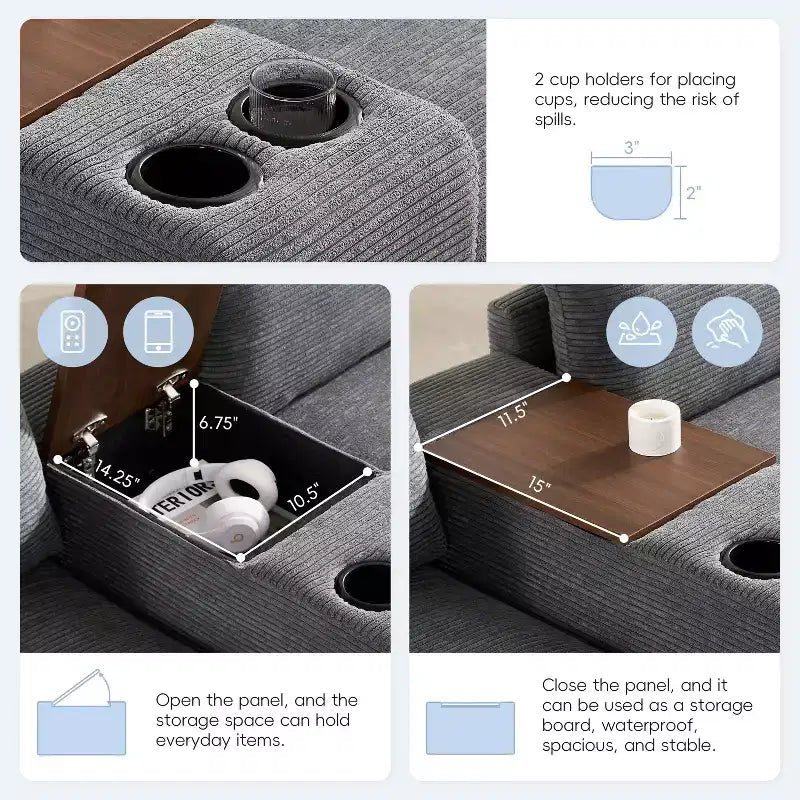 Canapé d'angle modulaire en U surdimensionné de 355 cm avec pouf, console, chargeur USB, porte-gobelet, rangement, revêtement en velours côtelé, 6 places, pour salon