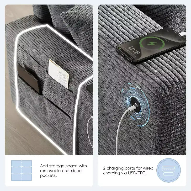 Canapé d'angle modulaire en U surdimensionné de 355 cm avec pouf, console, chargeur USB, porte-gobelet, rangement, revêtement en velours côtelé, 6 places, pour salon