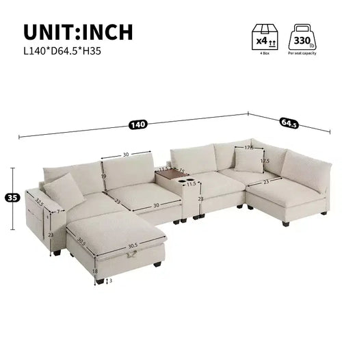 Canapé d'angle modulaire en U surdimensionné de 355 cm avec pouf, console, chargeur USB, porte-gobelet, rangement, revêtement en velours côtelé, 6 places, pour salon