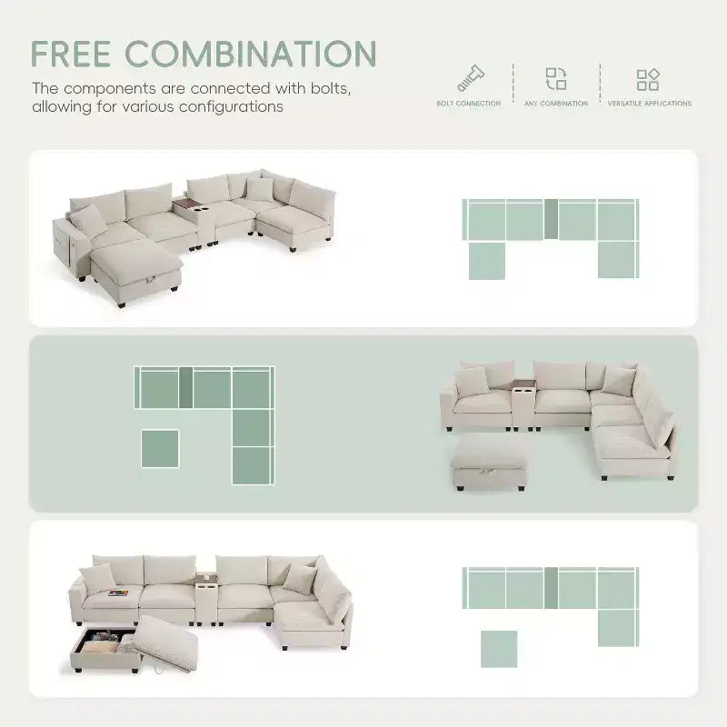 Canapé d'angle modulaire en U surdimensionné de 355 cm avec pouf, console, chargeur USB, porte-gobelet, rangement, revêtement en velours côtelé, 6 places, pour salon