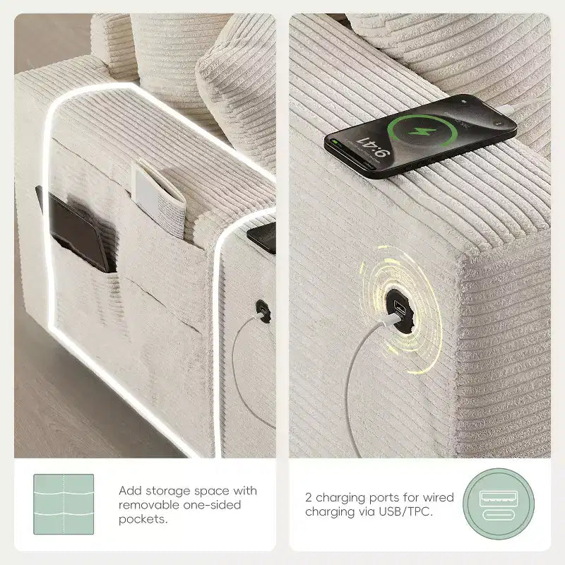 Canapé d'angle modulaire en U surdimensionné de 355 cm avec pouf, console, chargeur USB, porte-gobelet, rangement, revêtement en velours côtelé, 6 places, pour salon