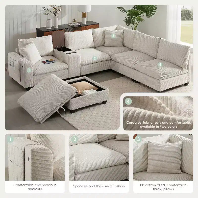 Canapé d'angle modulaire en U surdimensionné de 355 cm avec pouf, console, chargeur USB, porte-gobelet, rangement, revêtement en velours côtelé, 6 places, pour salon