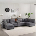 Canapé d'angle modulaire en U surdimensionné de 355 cm avec pouf, console, chargeur USB, porte-gobelet, rangement, revêtement en velours côtelé, 6 places, pour salon