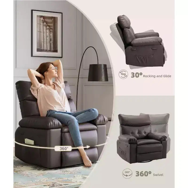 27 fauteuils inclinables surdimensionnés avec chauffage et massage - Fauteuil inclinable paresseux pivotant à 360° pour adultes - Fauteuil à bascule manuel avec télécommande pour le salon
